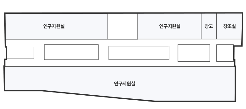 중앙 연구지원실을 기준으로 맞은편 왼쪽 끝에서부터 연구지원실 2곳, 창고, 창조실이 있습니다.